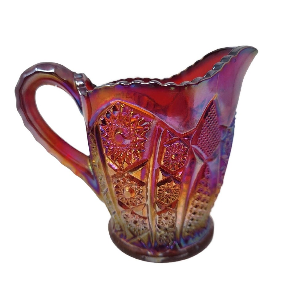 Red Sunset Heirloom Paneled Daisy Carnival Glass Creamer Pitcher